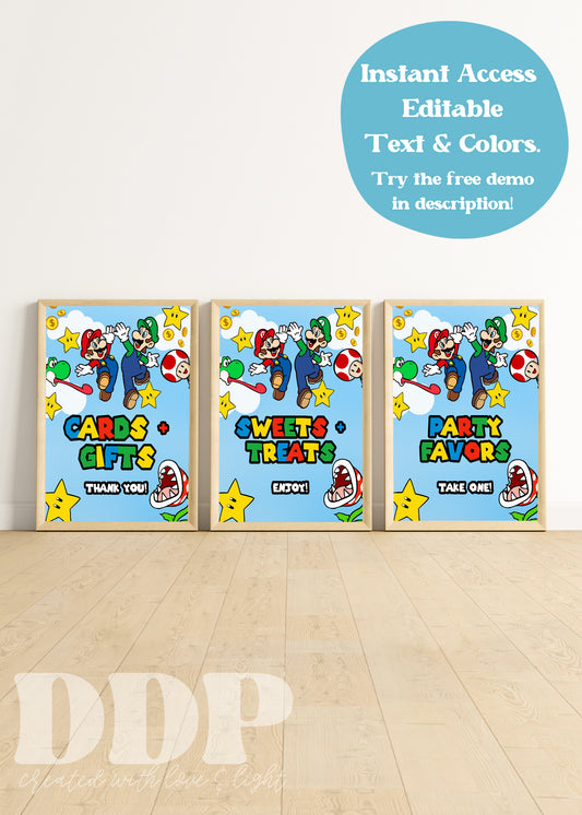 Super Mario Table Signs | Mario Bros Party Decor | Video Game Mario Kart Birthday Party Table Signs Template