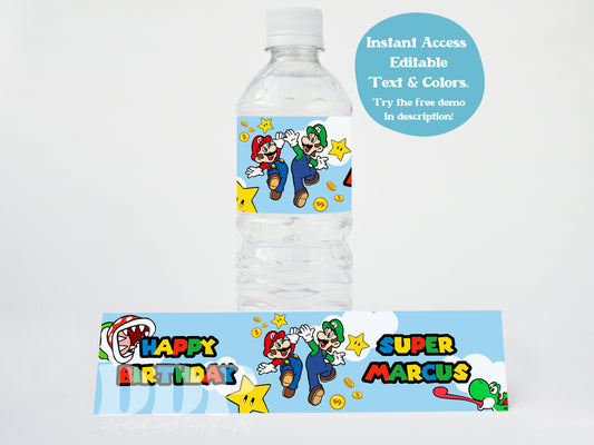 Super Mario Water Bottle Label | Super Mario Brothers Birthday Printable Party Decor