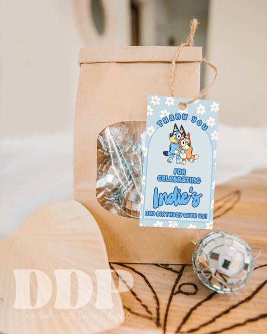 Blue Heeler Party Favor Tag | Bluey Inspired Birthday Gift Label | Dog Birthday Editable Favor Tag Template