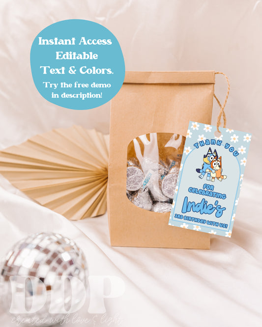 Blue Heeler Party Favor Tag | Bluey Inspired Birthday Gift Label | Dog Birthday Editable Favor Tag Template