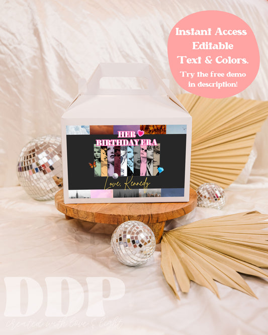 Eras Tour In Her Birthday Era Gable Box Label | Swiftie Printable Party Decor