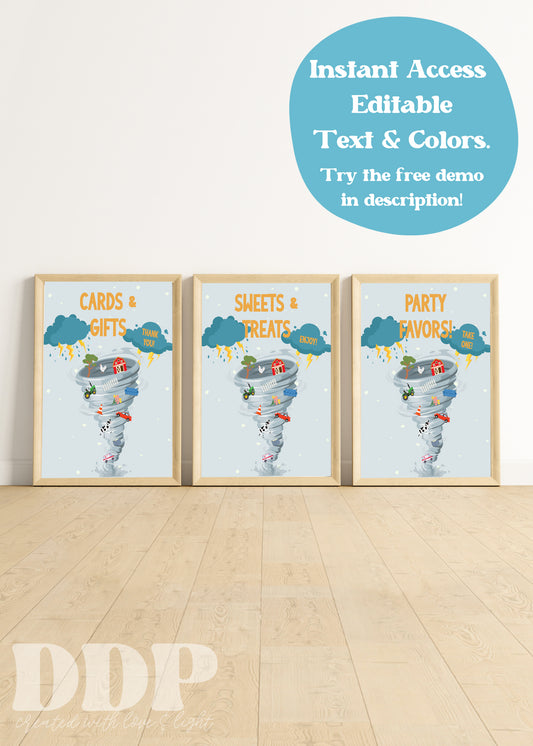 TWONADO / FOURNADO Birthday Party Table Sign | Tornado Printable Party Supplies | Storm Hurricane Birthday Party Table Sign