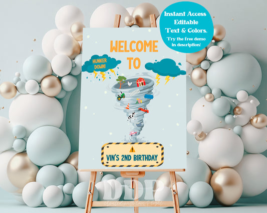 TWONADO / FOURNADO Birthday Welcome Sign | Tornado Printable Party Supplies | Storm Hurricane Theme Welcome Sign