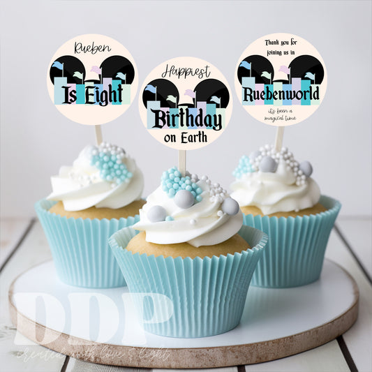 Disneyland Inspired Birthday Cupcake Toppers | Happiest Birthday On Earth Party | Vintage Disney Printable Party Decor