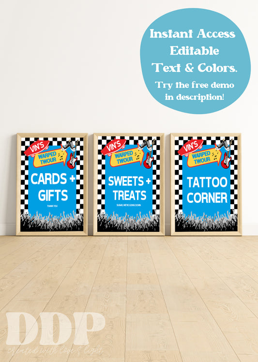 Warped Tour Birthday Party Table Sign | Warped Two-ur Printable Party Supplies | Emo Rock Concert Birthday Party Table Sign