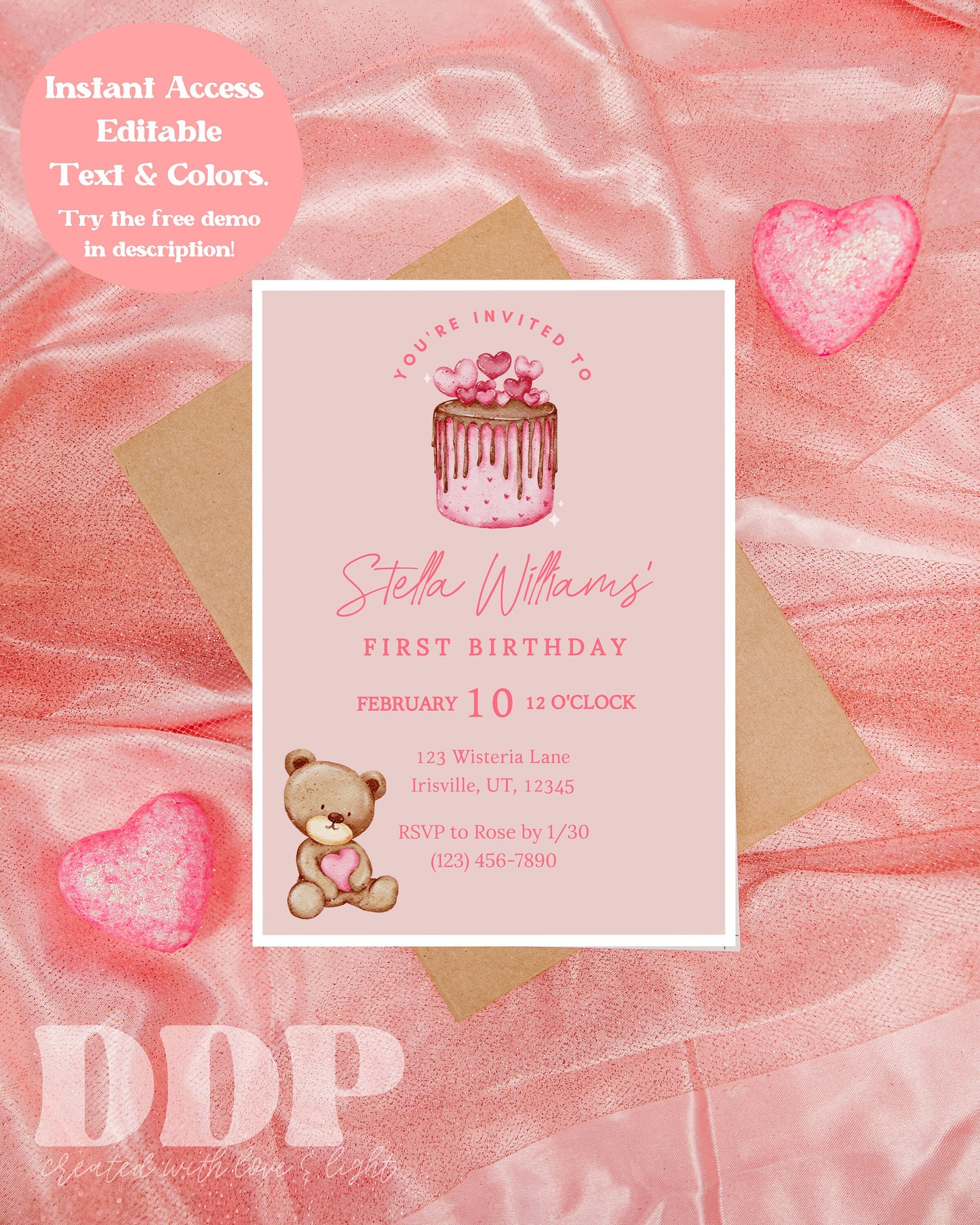 ANY AGE Valentine Birthday Invitation | Vintage Valentine Party Invite | Sweetheart Bear Birthday Party Invite | Heart First Birthday Invite