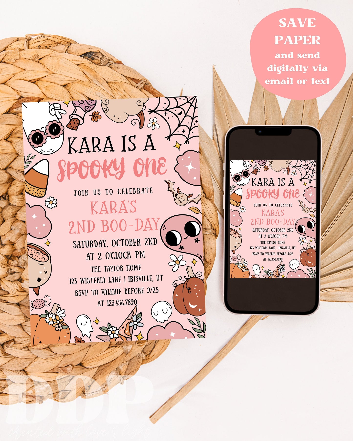 ANY AGE Spooky Birthday Invite | Pink Halloween Party Invitation Template | Halloween Birthday Party | Retro Halloween Characters Spooky