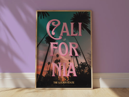California: The Golden State Art Print | Palm Tree Silhouette Travel Poster | Digital Wall Art