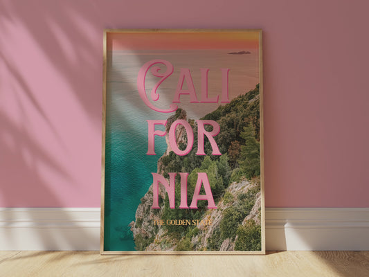 California: The Golden State Art Print | Ocean Cliffs Travel Poster | Digital Wall Art