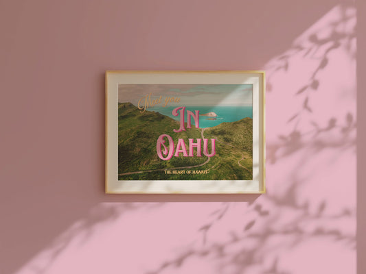 Meet You in Oahu Wall Art | Hawaii Beach Art | Oahu Vintage Style Postcard Print | Digital Wall Art