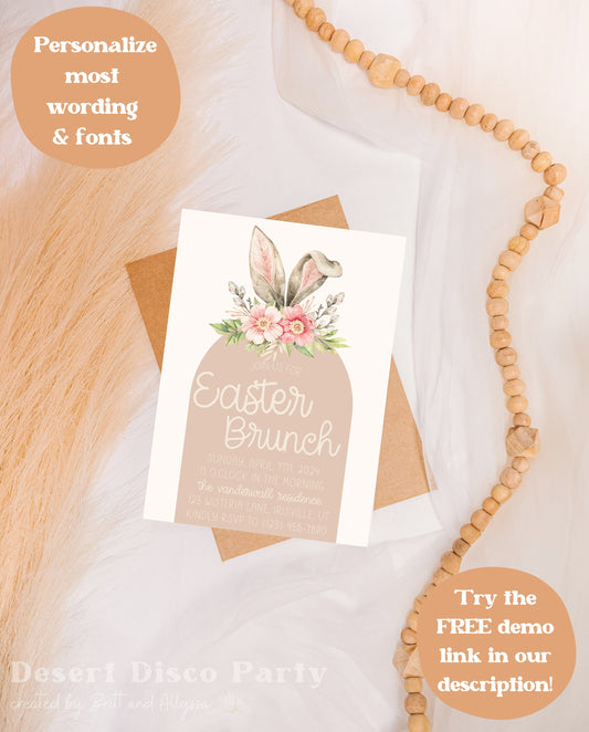 Editable Easter Brunch Party Invitation | Boho Easter Brunch Invite | Boho Spring Brunch Printable Corjl Template