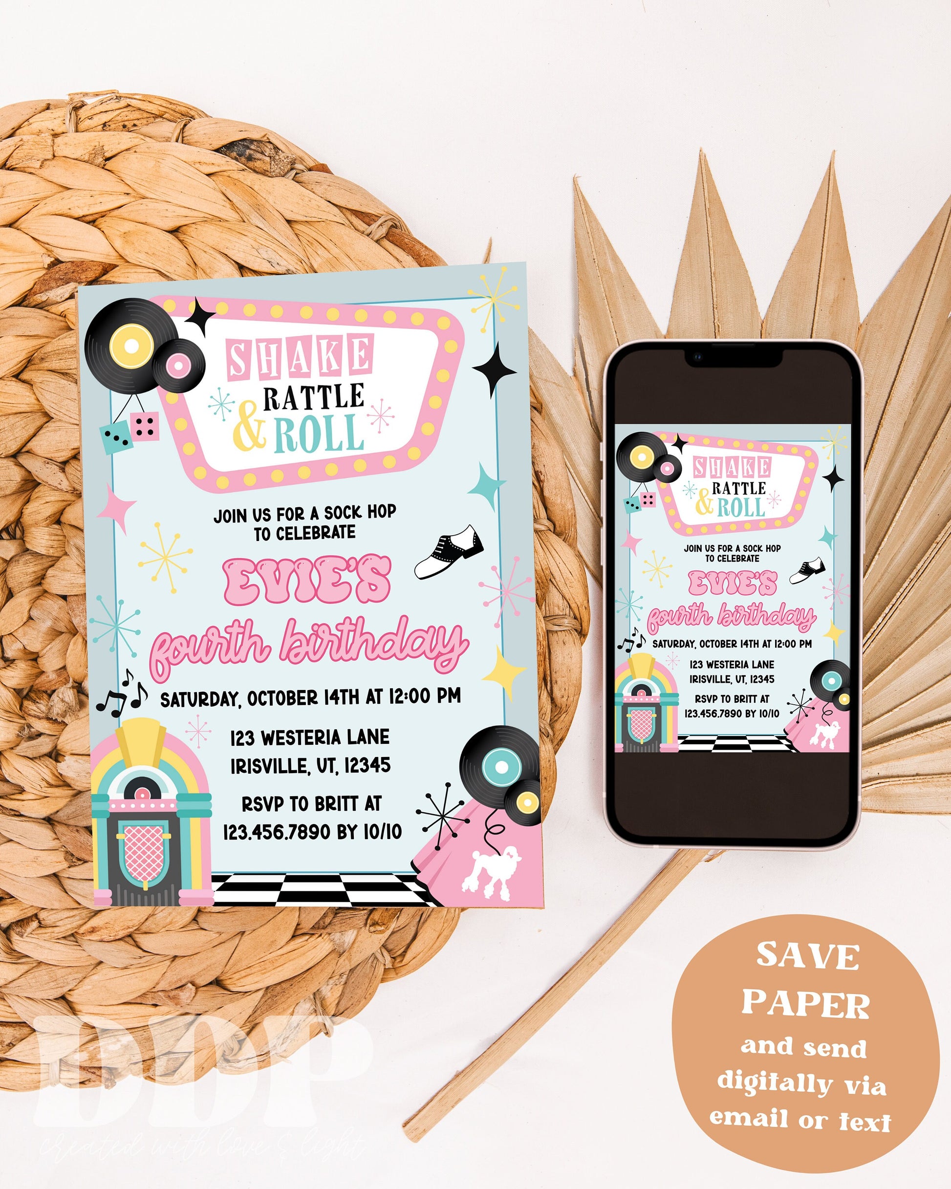 Shake, Rattle, and Roll Invite | ANY AGE 50's Theme Birthday Invite | 50's Retro Diner Theme Birthday Invite | Printable Invite