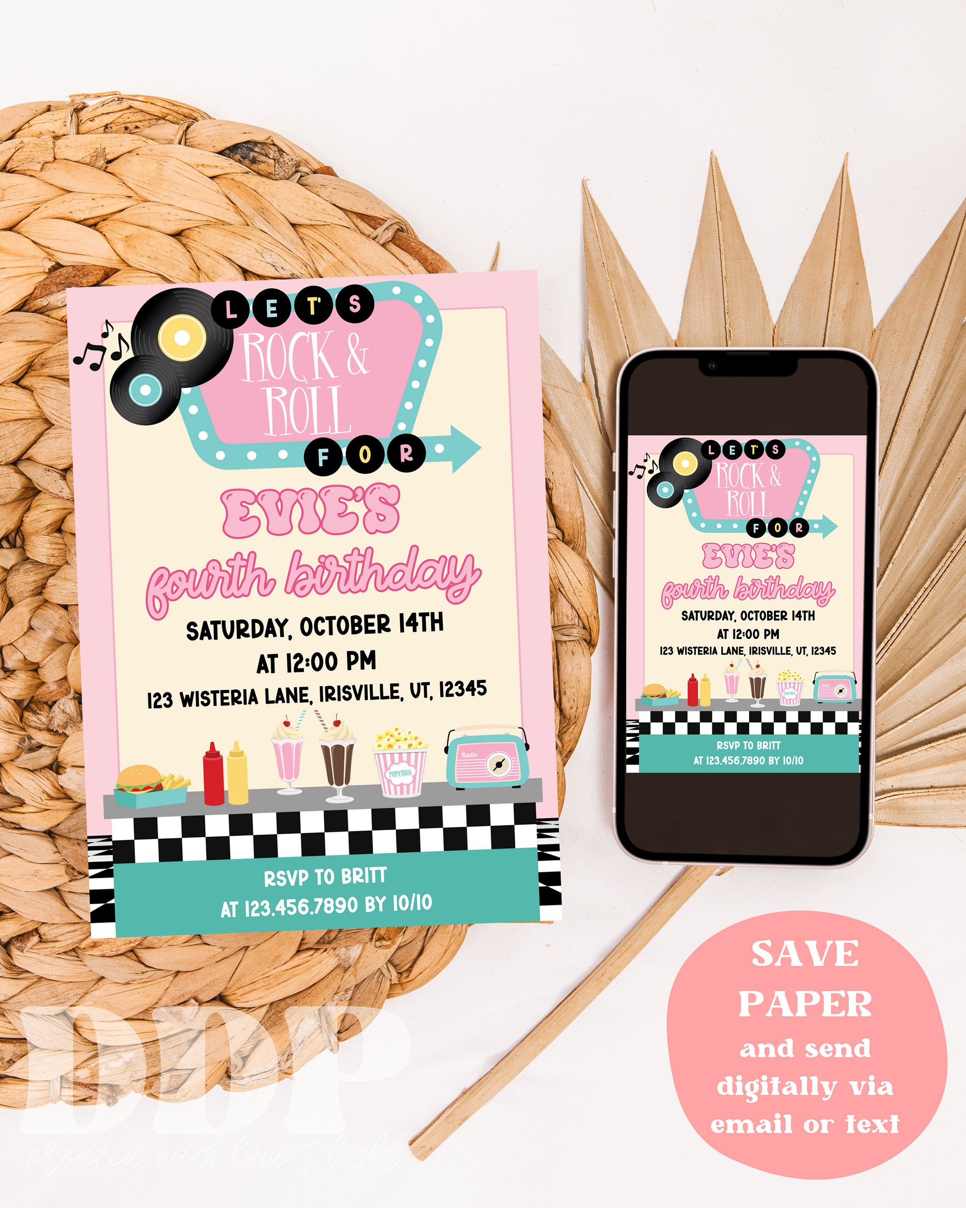 ANY AGE Let's Rock and Roll Invite | 50s Theme Birthday Invite | 50's Retro Diner Theme Birthday Invite | Editable Fifties Sock Hop Invite