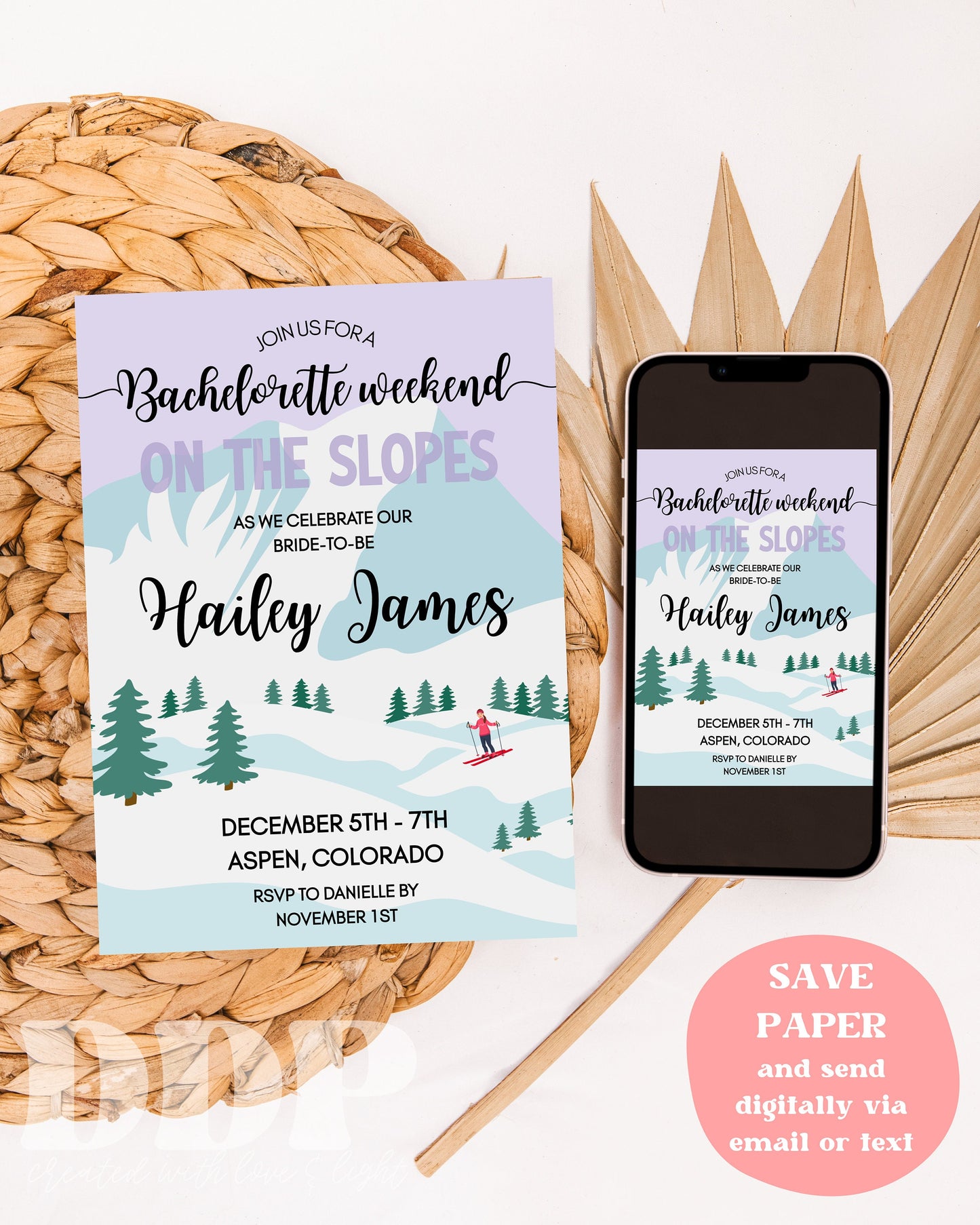 On the Slopes Bachelorette Party Invitation | Editable Winter Ski Bachelorette | Snow Mountain Bach | Ski Girls Trip Printable Itinerary