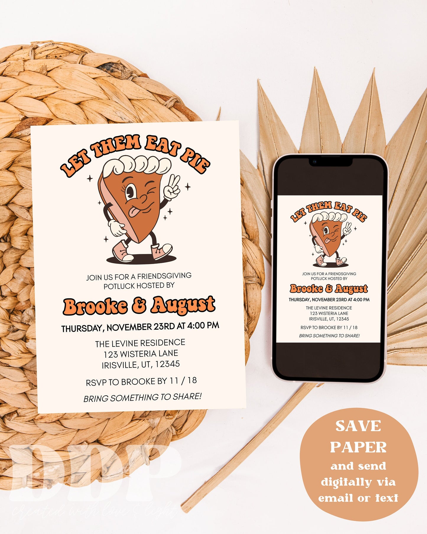 Retro Thanksgiving Dinner Invitation | Friendsgiving Party Invite | Pie Character Friendsgiving Invitation | Editable Invite Template