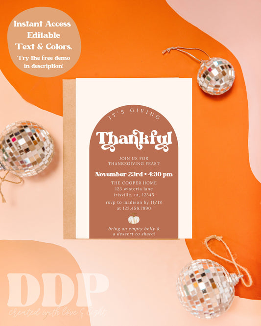 Retro It's Giving Thankful Thanksgiving Dinner Invitation | Friendsgiving Party Invite | Thanksgiving Invitation | Editable Invite Template