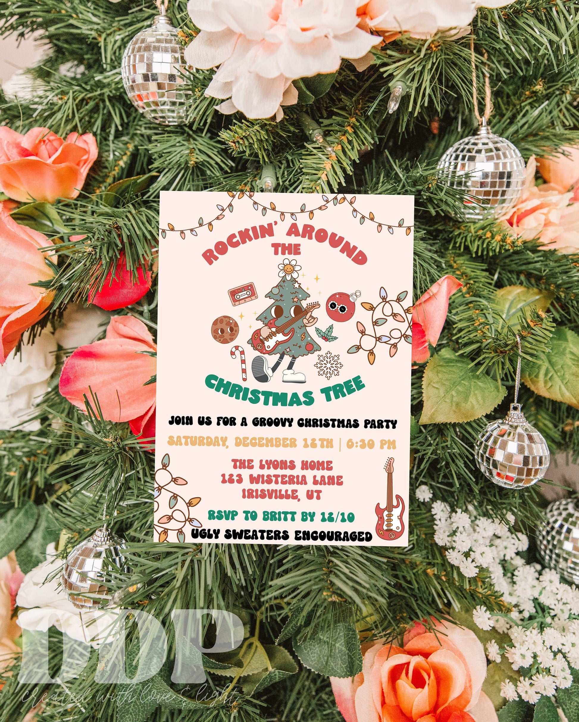 Retro Rockin' Around the Christmas Tree Invite | Groovy Christmas Party Invitation Template | Editable Holiday Party Invitation