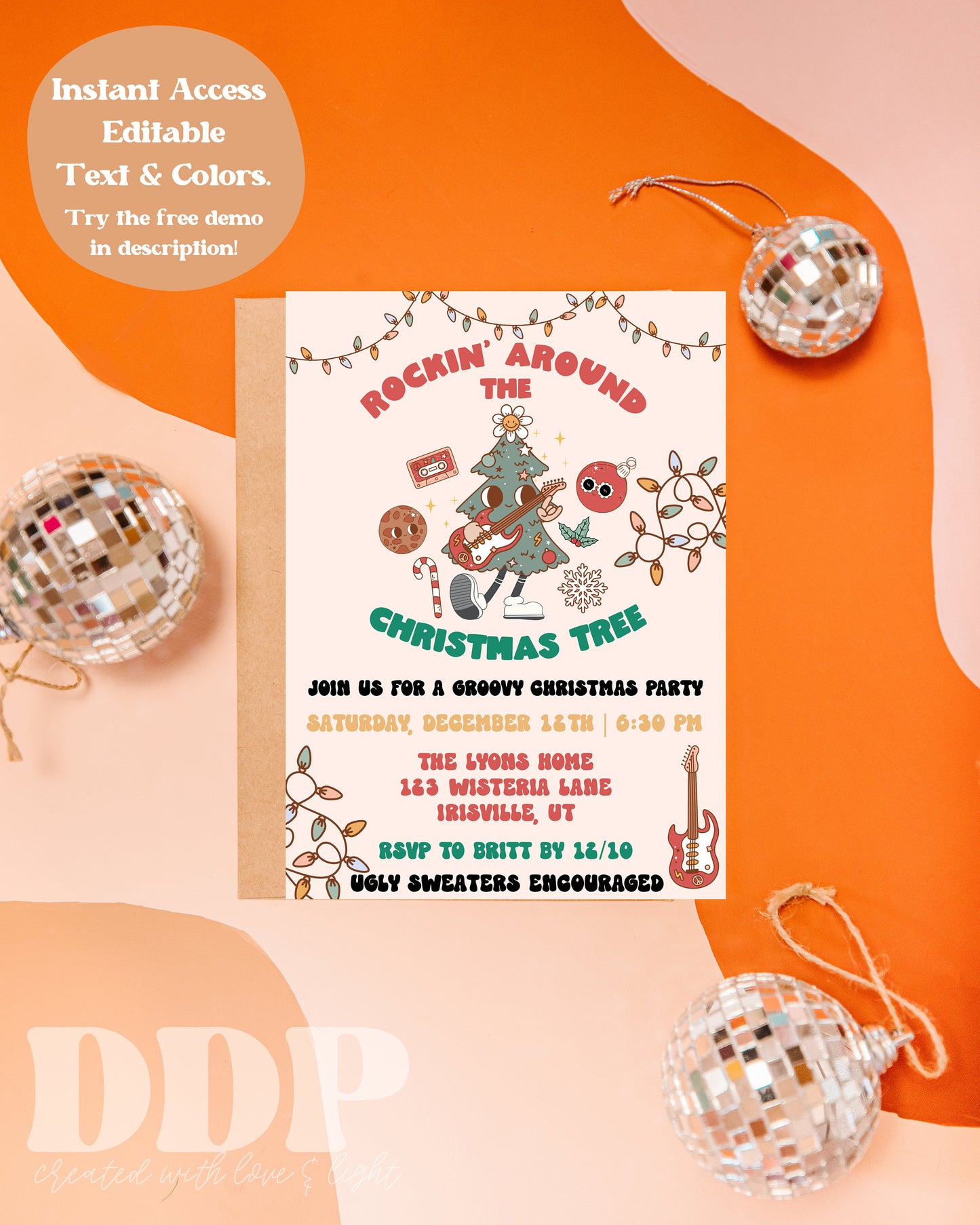 Retro Rockin' Around the Christmas Tree Invite | Groovy Christmas Party Invitation Template | Editable Holiday Party Invitation