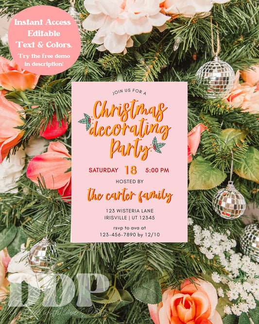 Retro Christmas Decorating Party Invite | Groovy Christmas Party Invitation Template | Editable Holiday Party Invitation