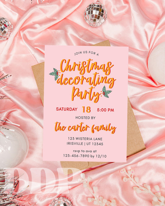 Retro Christmas Decorating Party Invite | Groovy Christmas Party Invitation Template | Editable Holiday Party Invitation