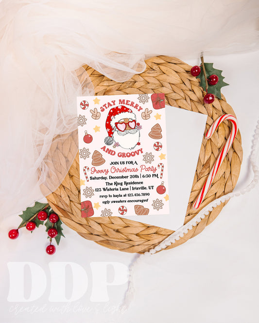 Retro Stay Merry & Groovy Christmas Party Invite | Groovy Christmas Party Invitation Template | Editable Holiday Party Invitation