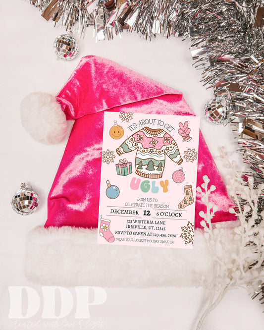 It's About To Get Ugly Christmas Party Invitation | Retro Ugly Christmas Sweater Party Invitation | Holiday Party Invite