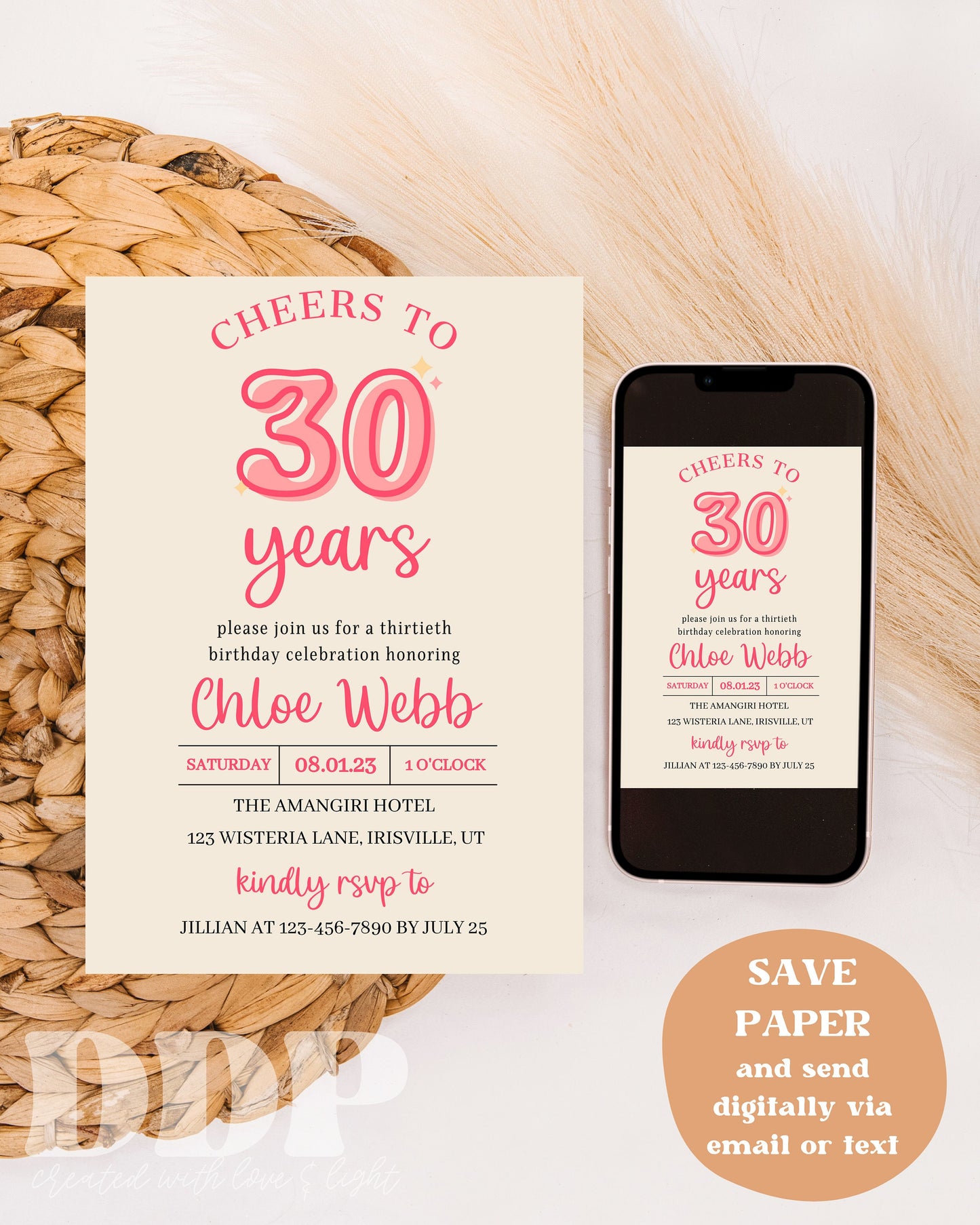 Cheers to 30 Years Birthday Invite | Adult Birthday Invite | Boho Birthday Party Invite | 30th Birthday | Editable Template | Printable