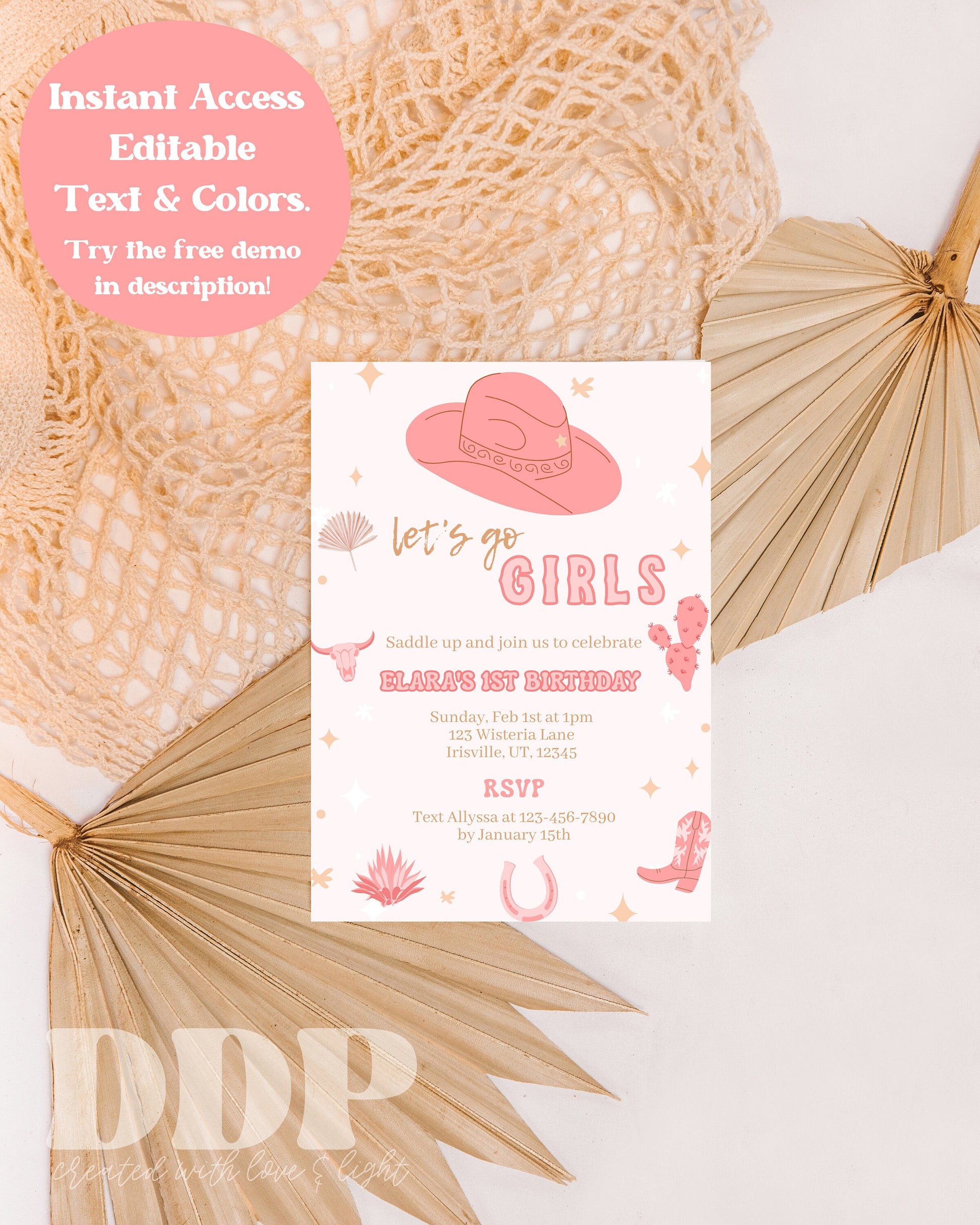 Boho First Birthday Invite | Rodeo Cowgirl First Birthday Invite | Wild West Desert Birthday Party Invite | Instant Download