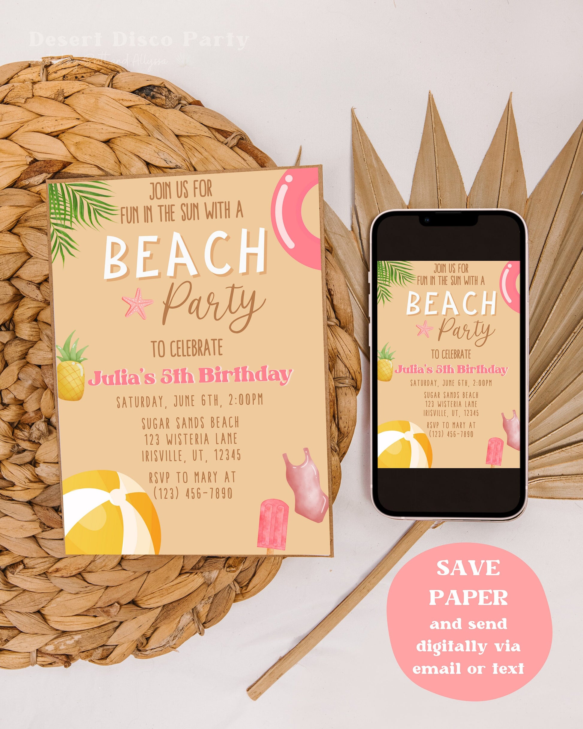 ANY AGE Girl Beach Birthday Invite | Beach Birthday Invite | Kids Summer Birthday Party Invite | Editable Template | Instant Download