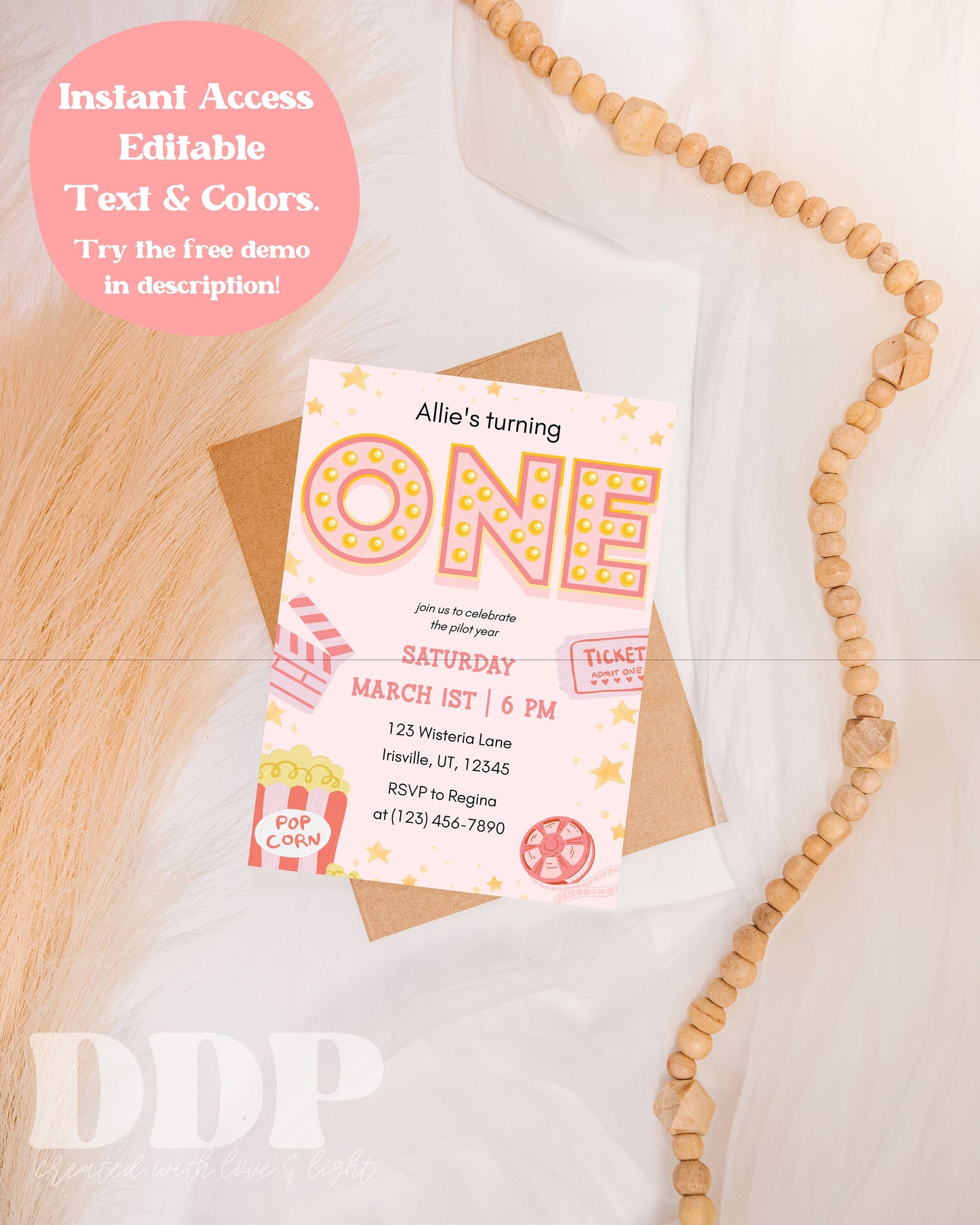 Movie Night Pink Birthday Invite | Movie Marathon Birthday Invite | Movie Themed Girl First Birthday Invite | Pink Digital Evite