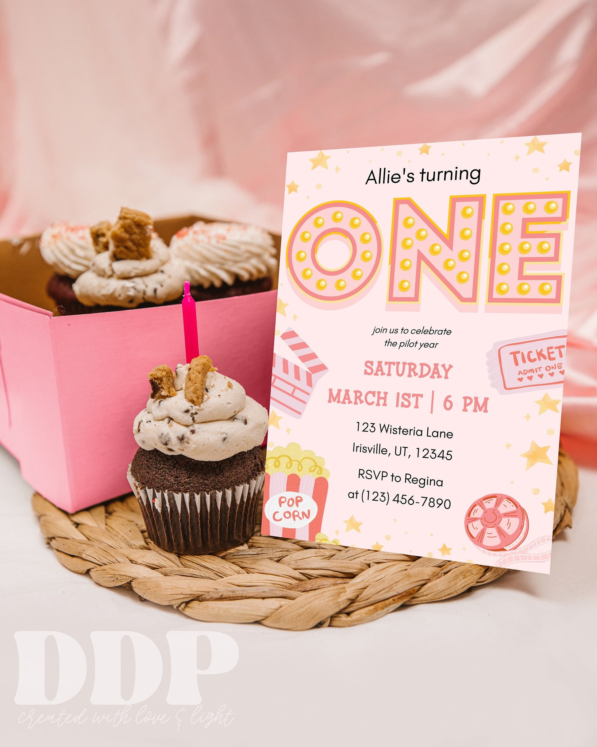 Movie Night Pink Birthday Invite | Movie Marathon Birthday Invite | Movie Themed Girl First Birthday Invite | Pink Digital Evite