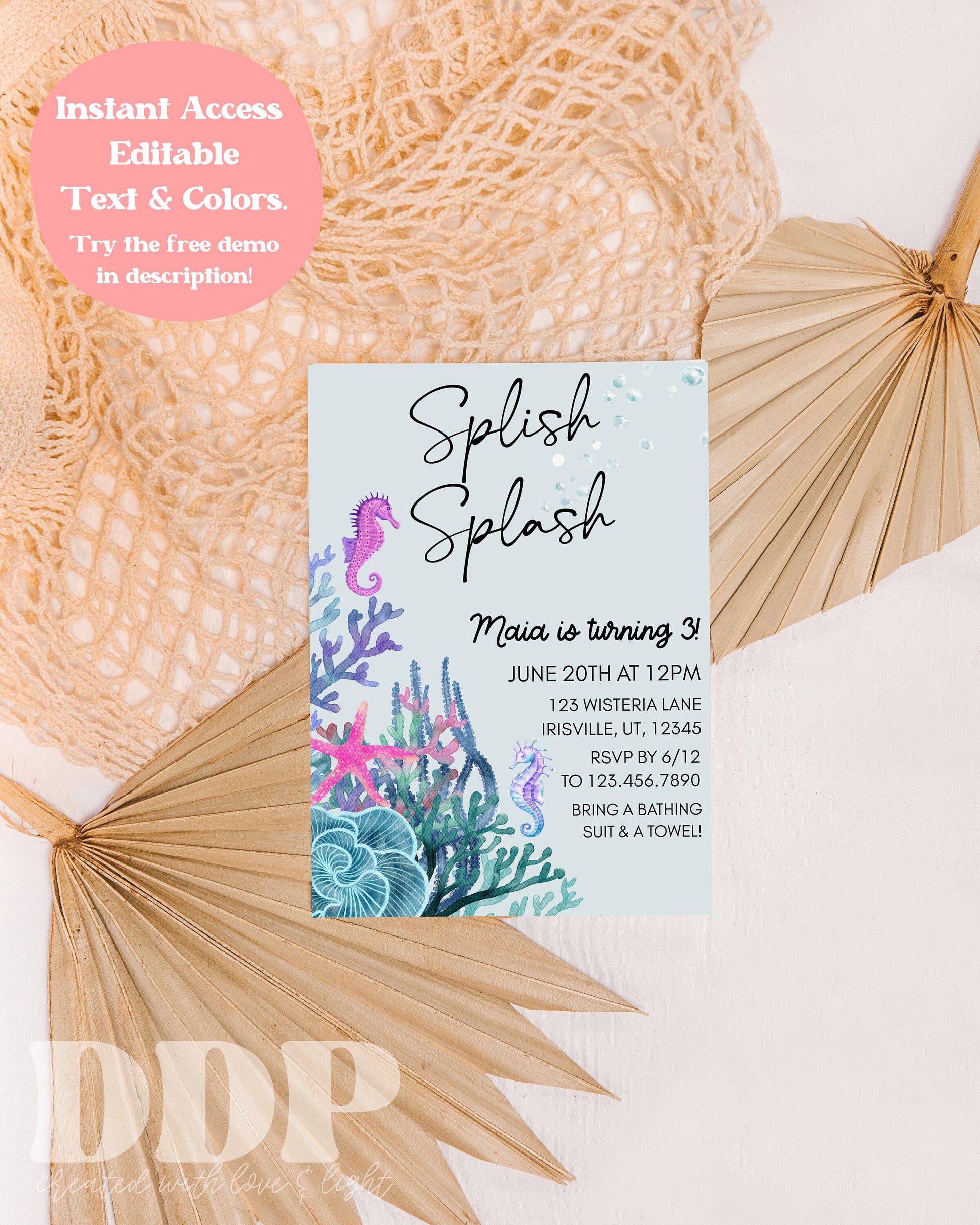 ANY AGE Splish Splash Seahorse Birthday Invite | Seahorse Birthday Invitation | Under the Sea Birthday Party Invite | Instant Download