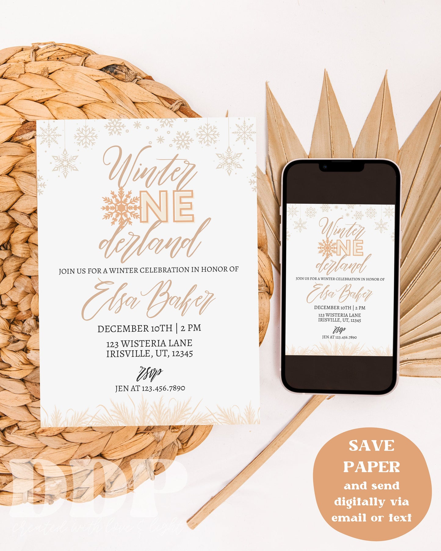 Beige Winter ONEderland Birthday Invite | Neutral Snowflake Winter Wonderland Invitation | Christmas December Birthday Invite