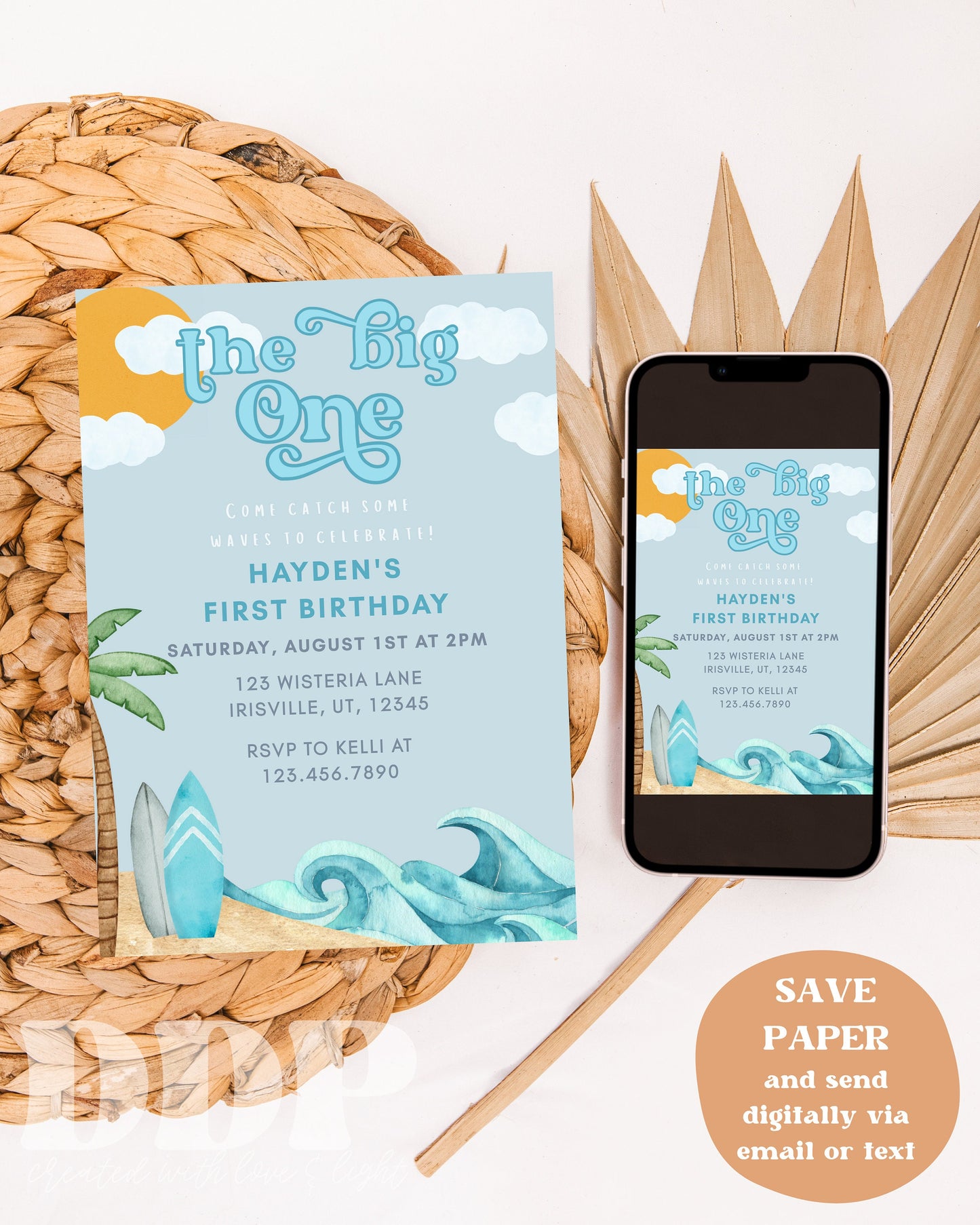 The Big ONE Surf Birthday Invite | First Birthday Surfing Party Invite | Beach Surf Birthday Invite | Editable Template | Instant Download