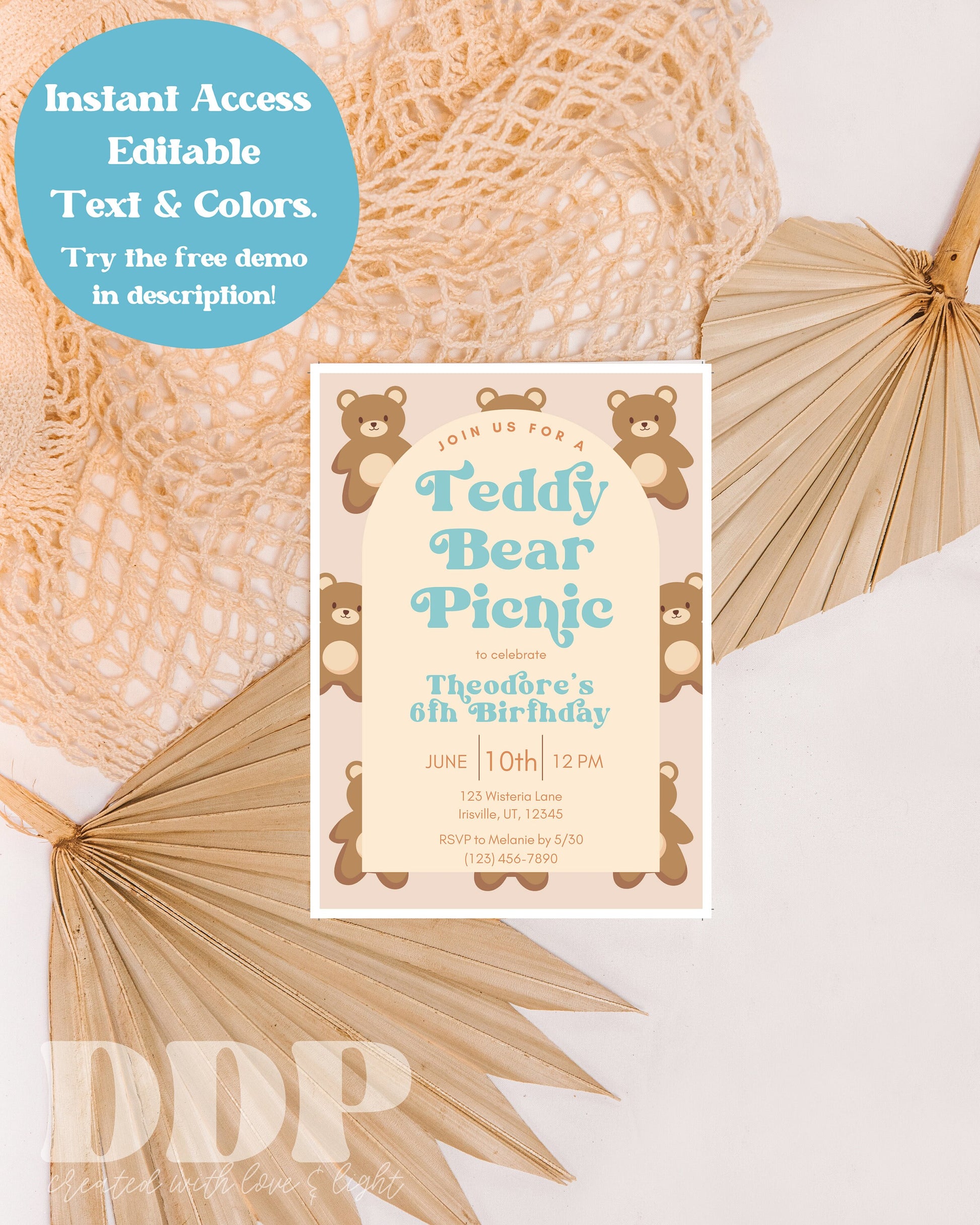 Teddy Bear Picnic Boy Birthday Invite | Retro Boho Picnic Birthday Invite | Teddy Bear Birthday Party Invite | Boy Outdoor Summer Birthday