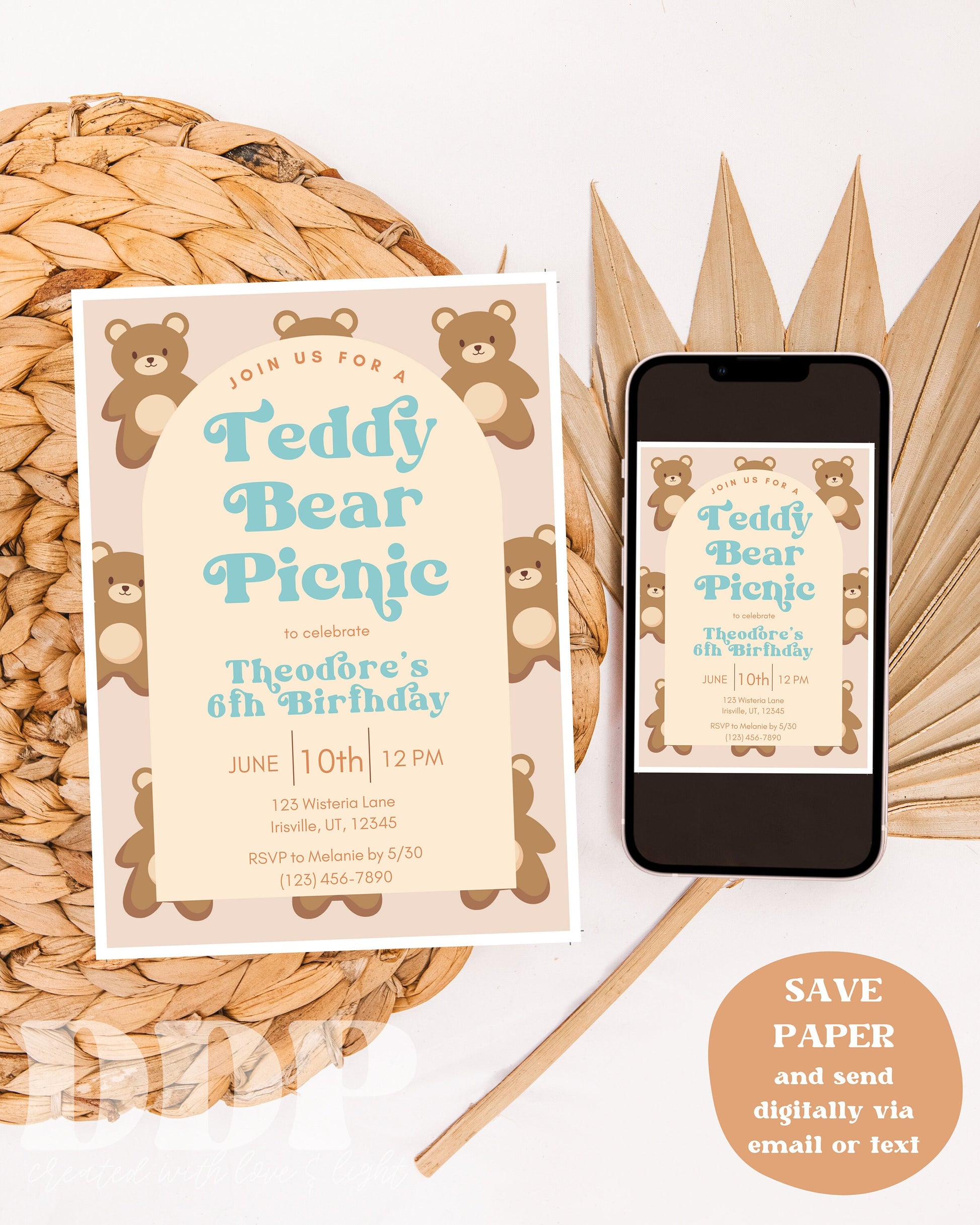 Teddy Bear Picnic Boy Birthday Invite | Retro Boho Picnic Birthday Invite | Teddy Bear Birthday Party Invite | Boy Outdoor Summer Birthday