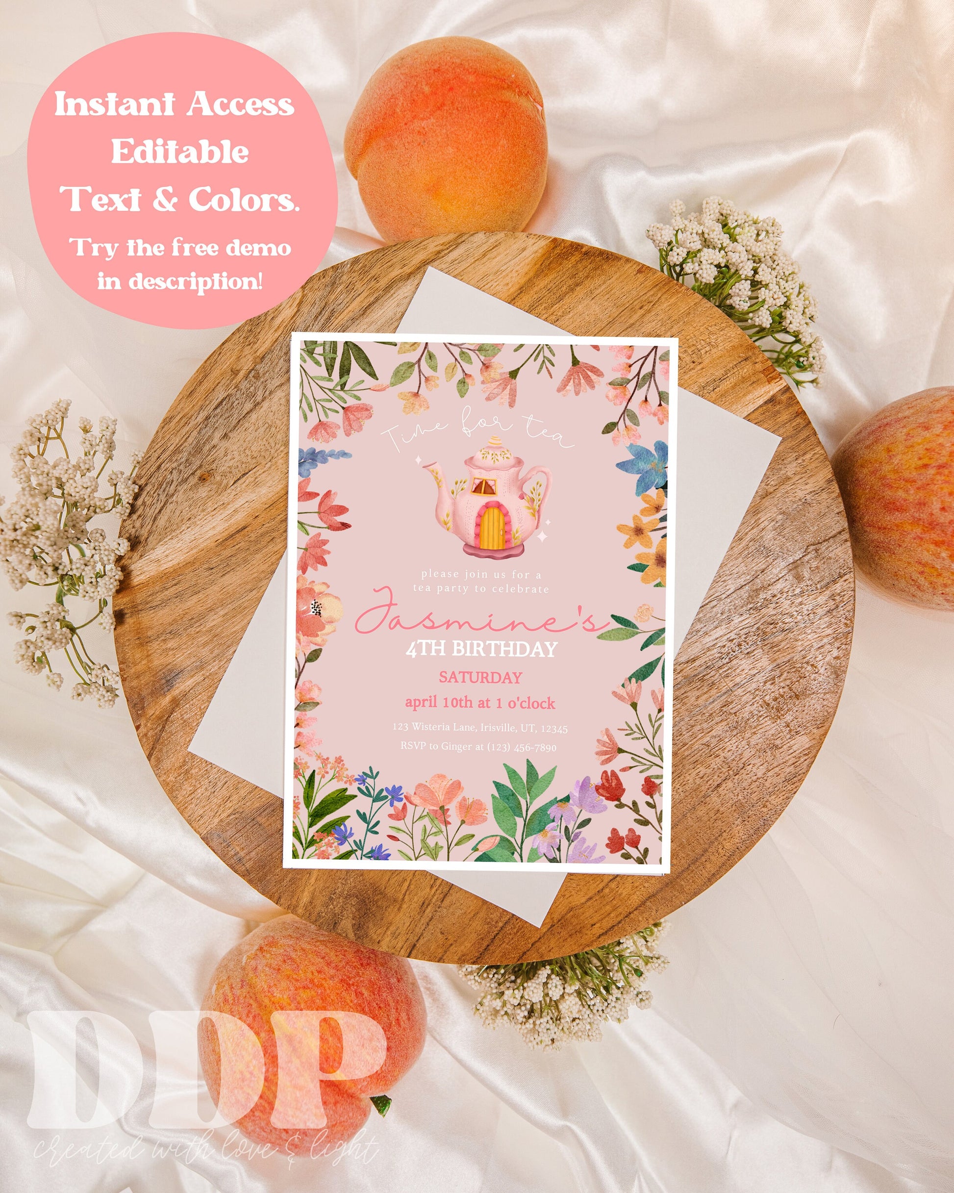 ANY AGE Tea Party Birthday Invitation | Editable Floral Par-Tea Invite | Vintage High Tea Floral | Floral Tea Pot Birthday Invite Printable