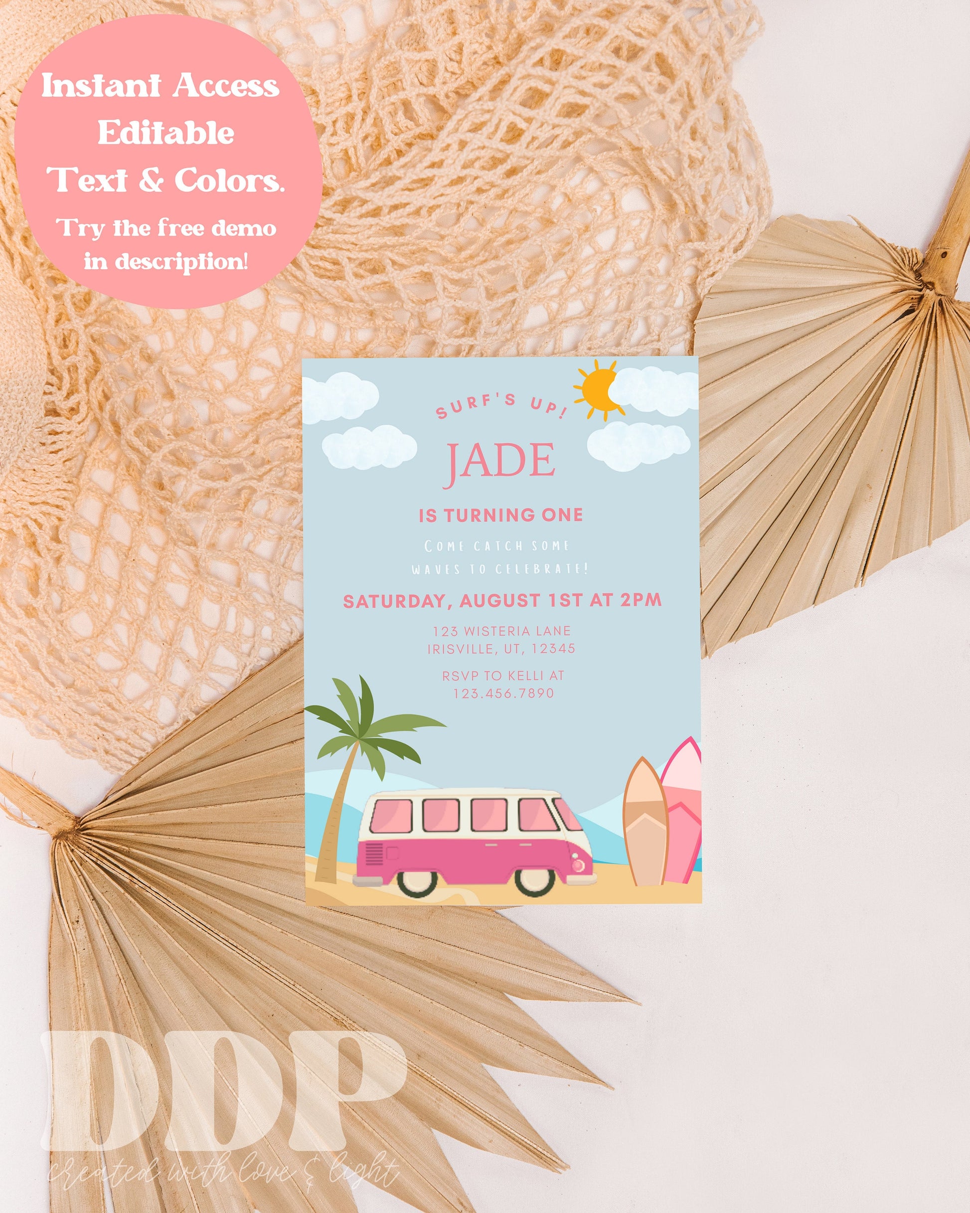 ANY AGE Surf's Up Birthday Invite | Surfing Birthday Party Invite | Beach Birthday Invite | Pink Surf's Up Invitation | Editable Template