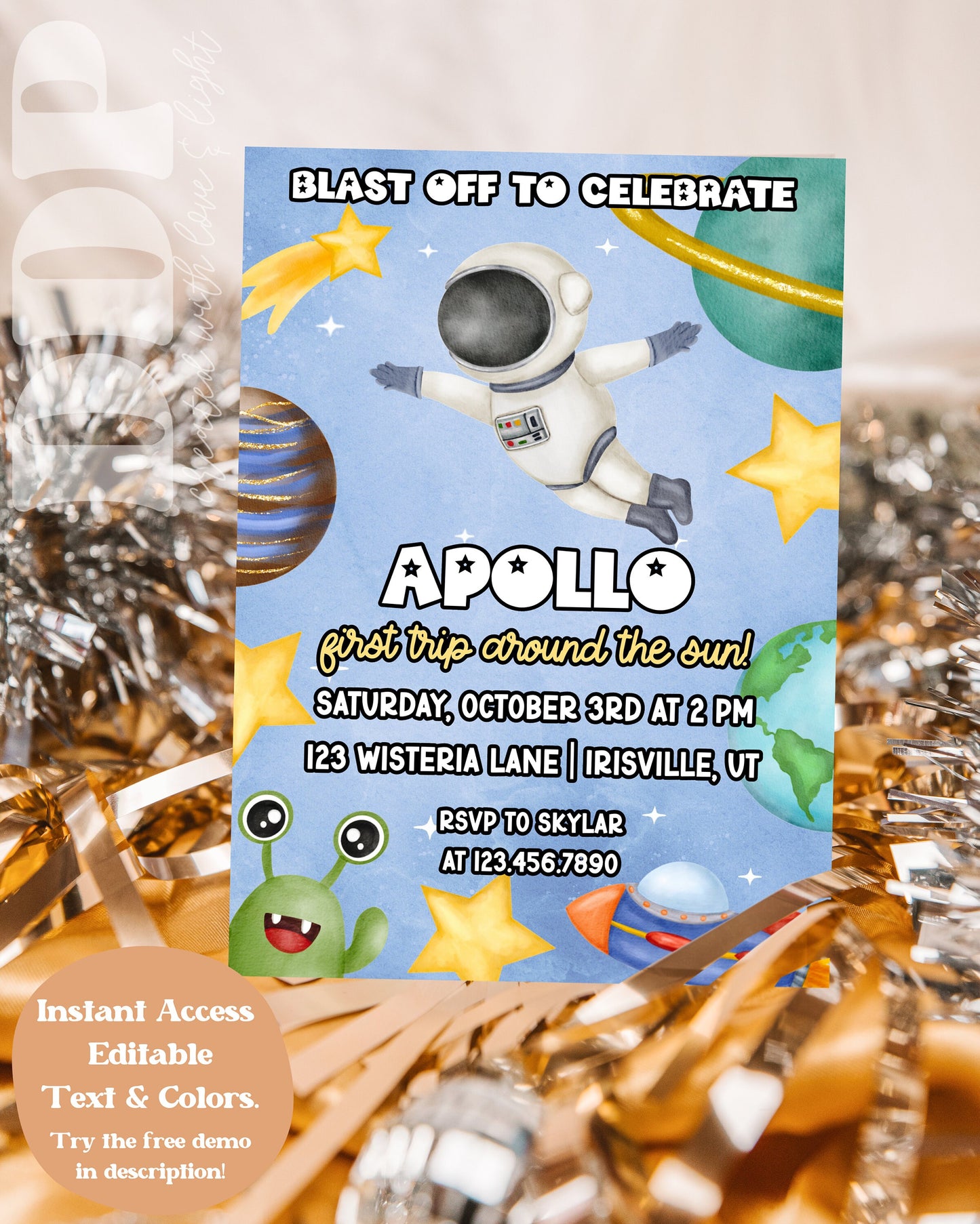 ANY AGE First Trip Around the Sun Outer Space | First Birthday Invitation | Galaxy Blast Off | Blue Space Birthday Invite | Editable