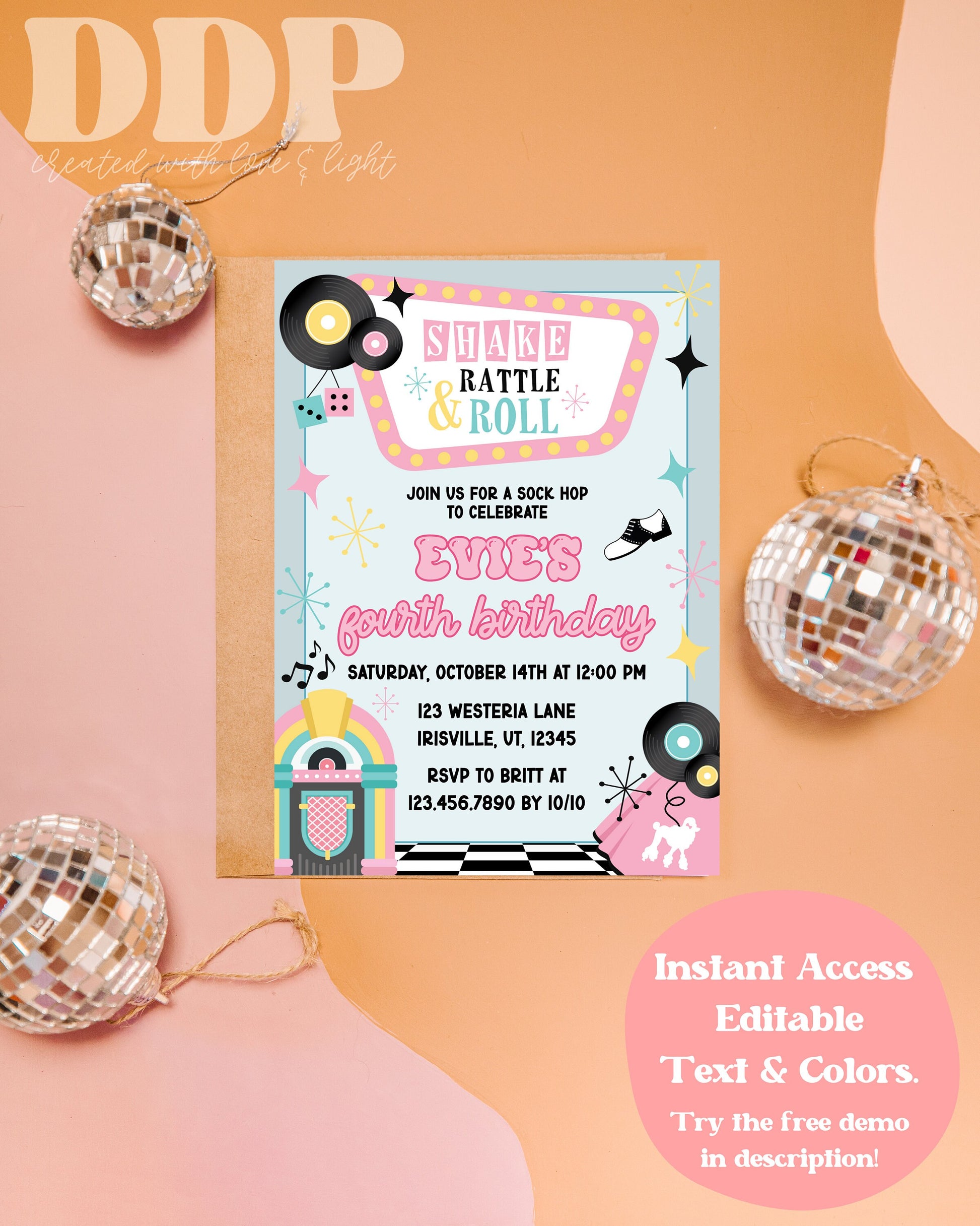 Shake, Rattle, and Roll Invite | ANY AGE 50's Theme Birthday Invite | 50's Retro Diner Theme Birthday Invite | Printable Invite