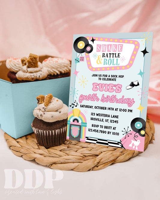 Shake, Rattle, and Roll Invite | ANY AGE 50's Theme Birthday Invite | 50's Retro Diner Theme Birthday Invite | Printable Invite