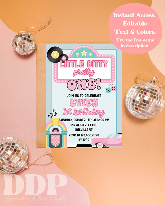 Little, Bitty, Pretty ONE Birthday Invite | First Birthday Invite | 50's Theme First Birthday Party Invite | Instant Download