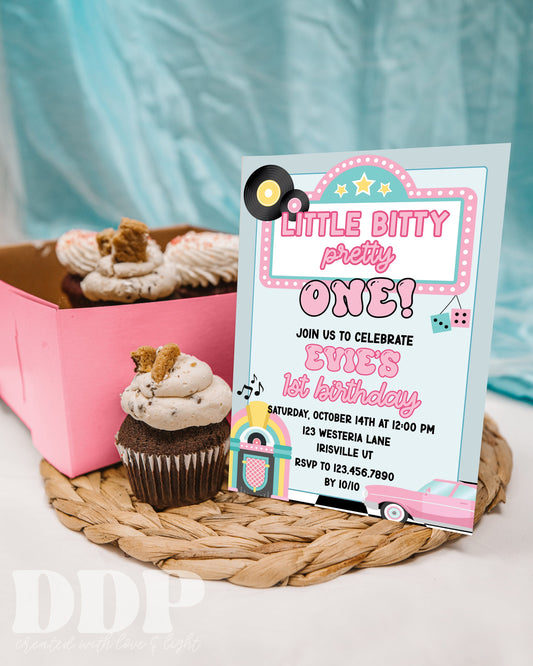 Little, Bitty, Pretty ONE Birthday Invite | First Birthday Invite | 50's Theme First Birthday Party Invite | Instant Download