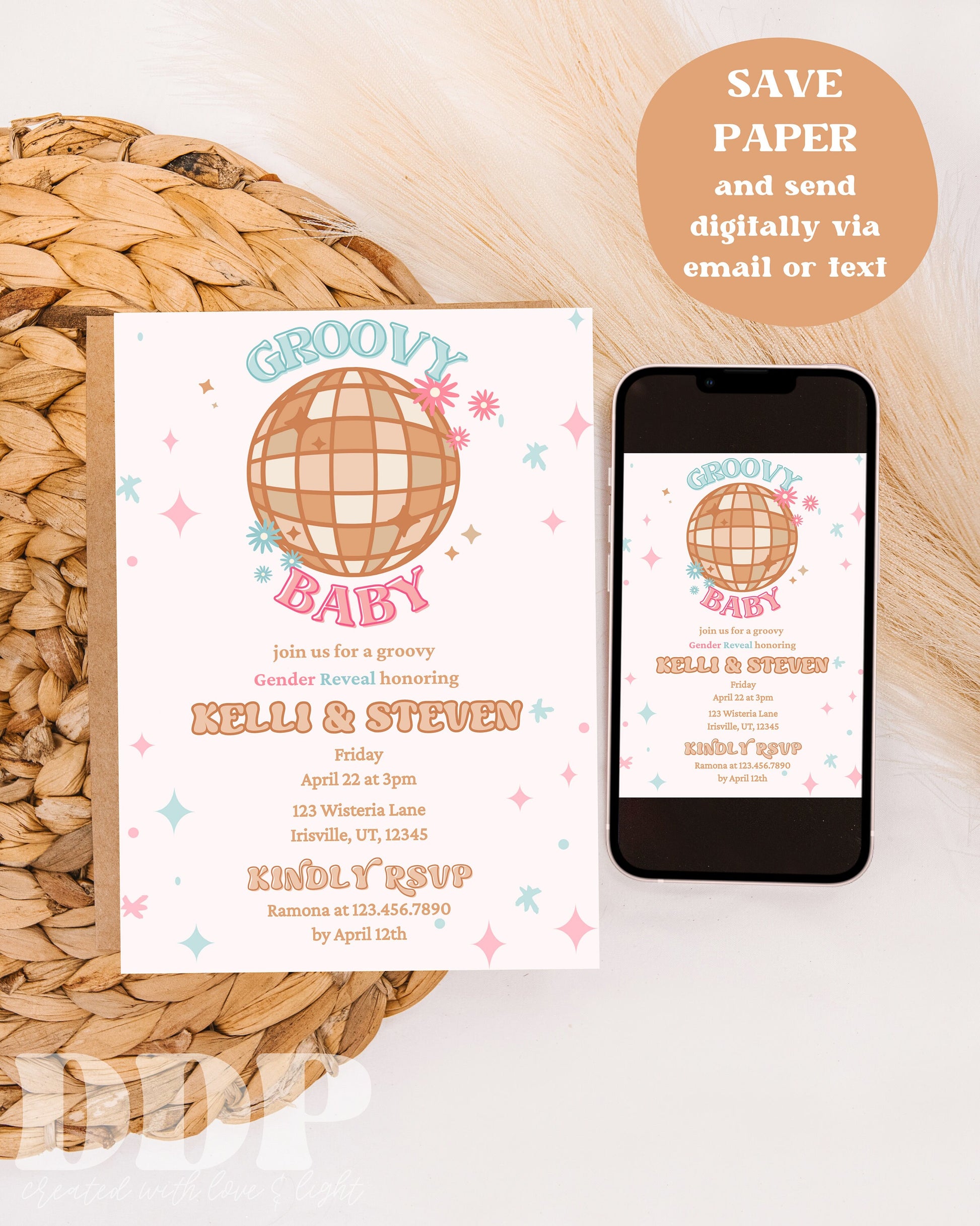 Disco Gender Reveal Invitation | Groovy Gender Reveal Invites | Retro 70s Gender Reveal | Editable Gender Reveal