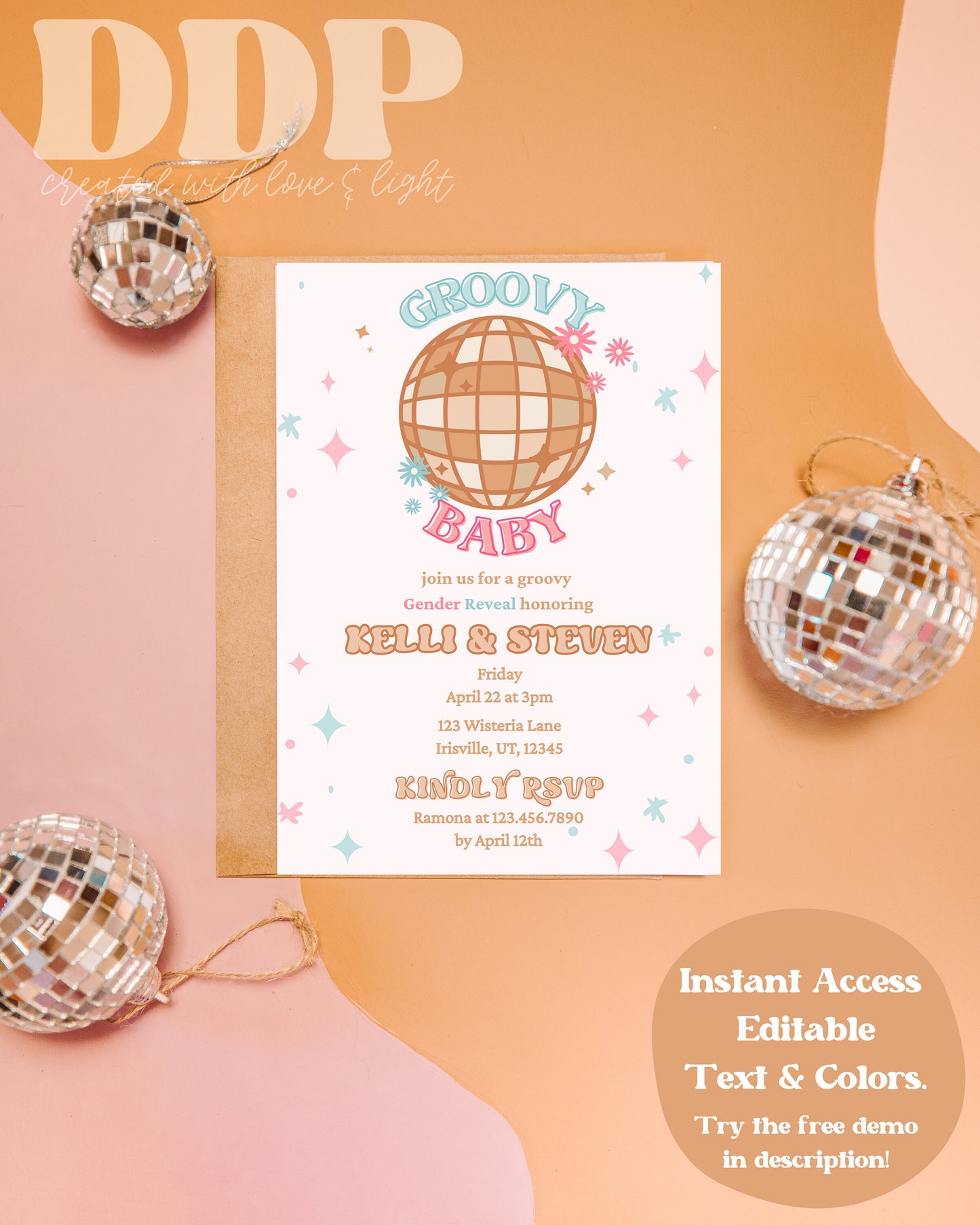 Disco Gender Reveal Invitation | Groovy Gender Reveal Invites | Retro 70s Gender Reveal | Editable Gender Reveal