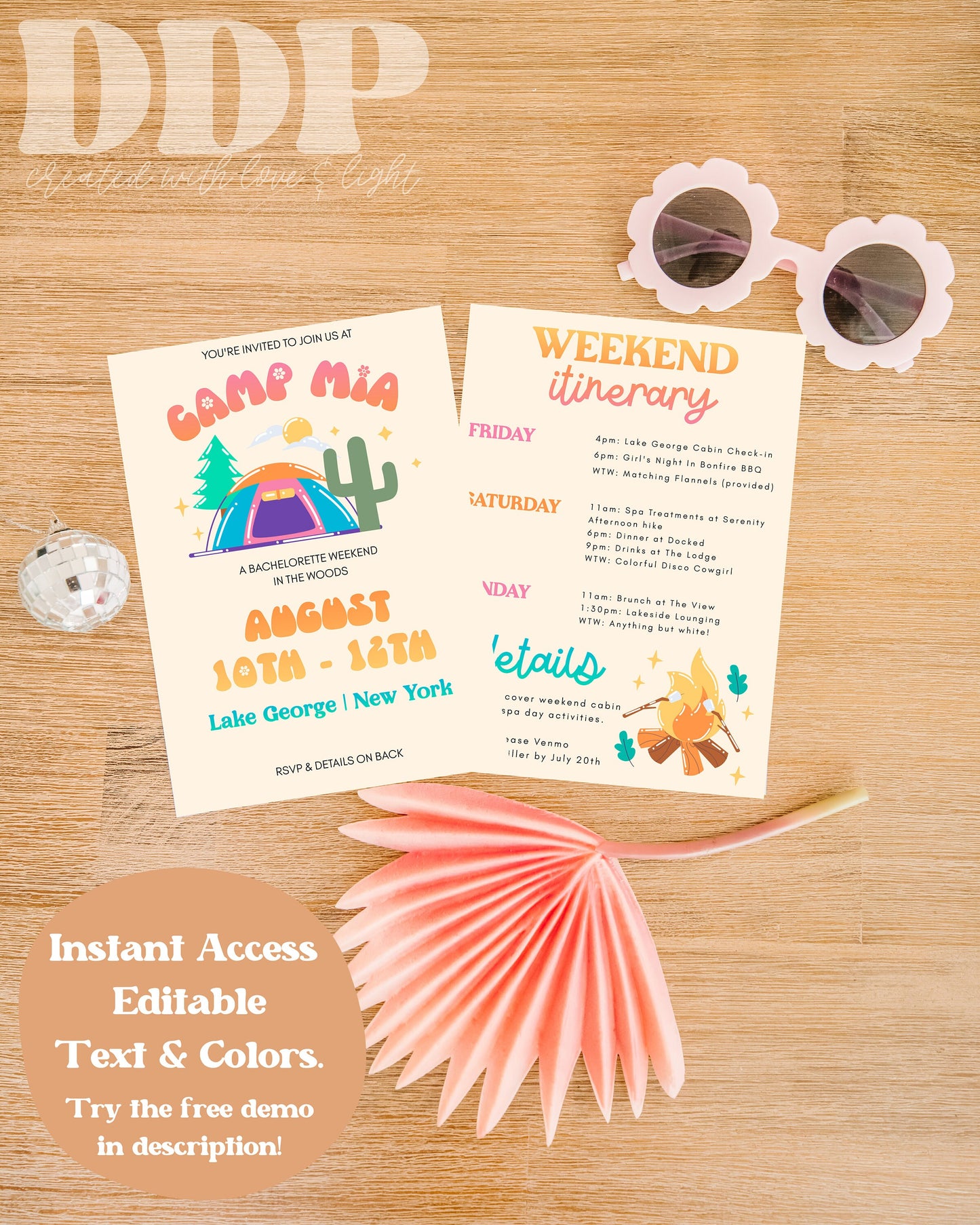 Retro Camp Bachelorette Party Weekend Invitation & Itinerary | Editable Bachelorette Girls Camping Trip Invite | Outdoor Bachelorette Party