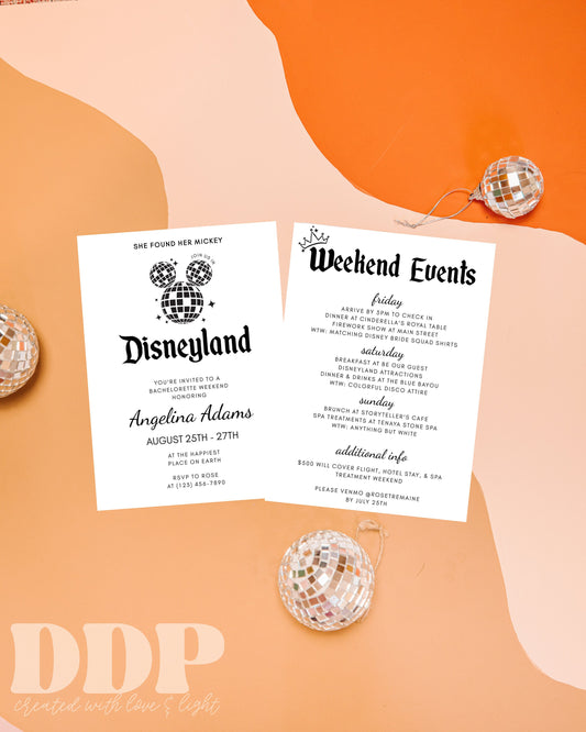 Disco Disneyland Bachelorette Weekend Invitation | Theme Park Bachelorette Party | Amusement Park Girls Weekend Itinerary and Invite