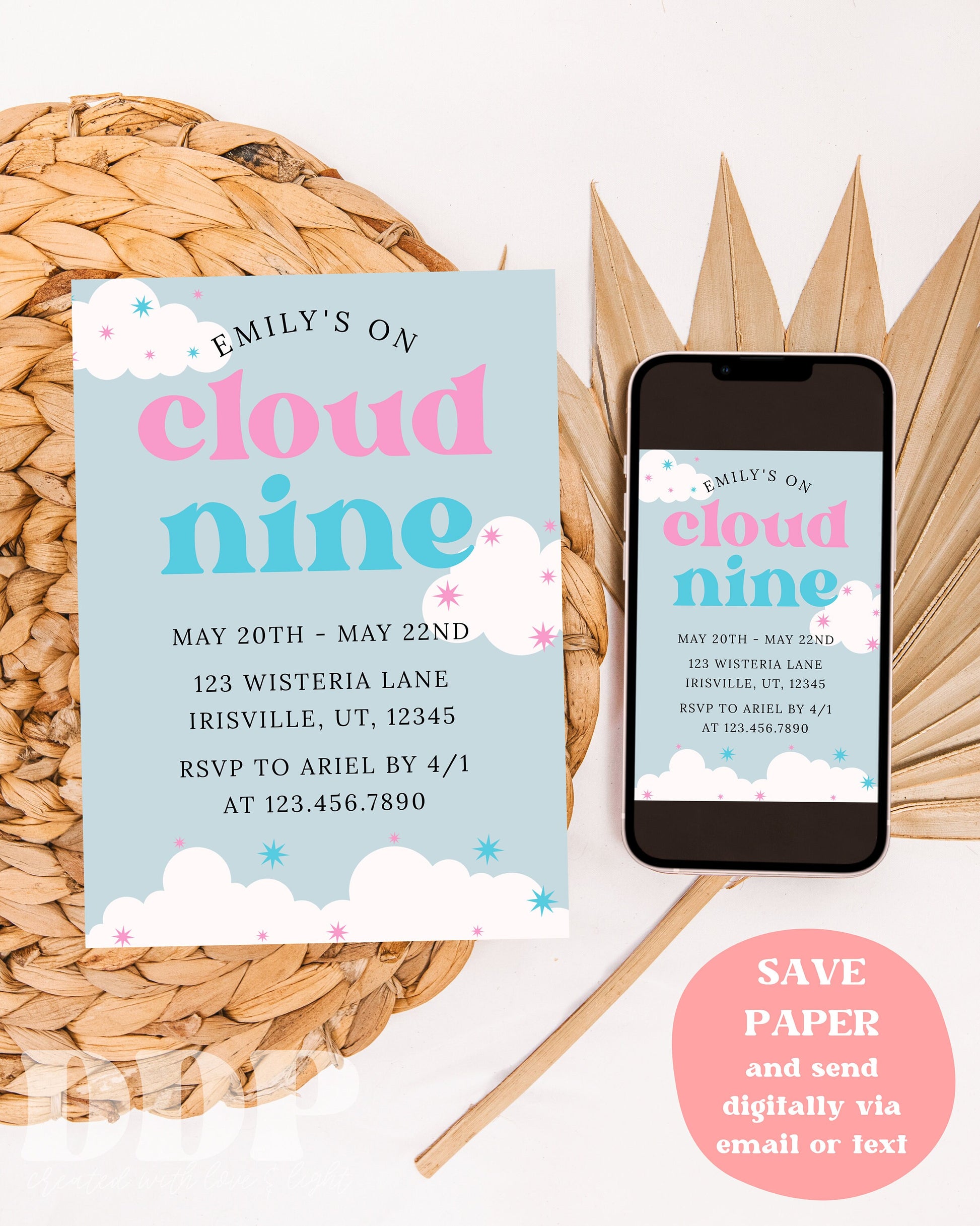 Cloud 9 Retro Bachelorette Weekend Invitation | Cloud Nine Bachelorette Party Invite | Bachelorette Girls Trip Printable Itinerary