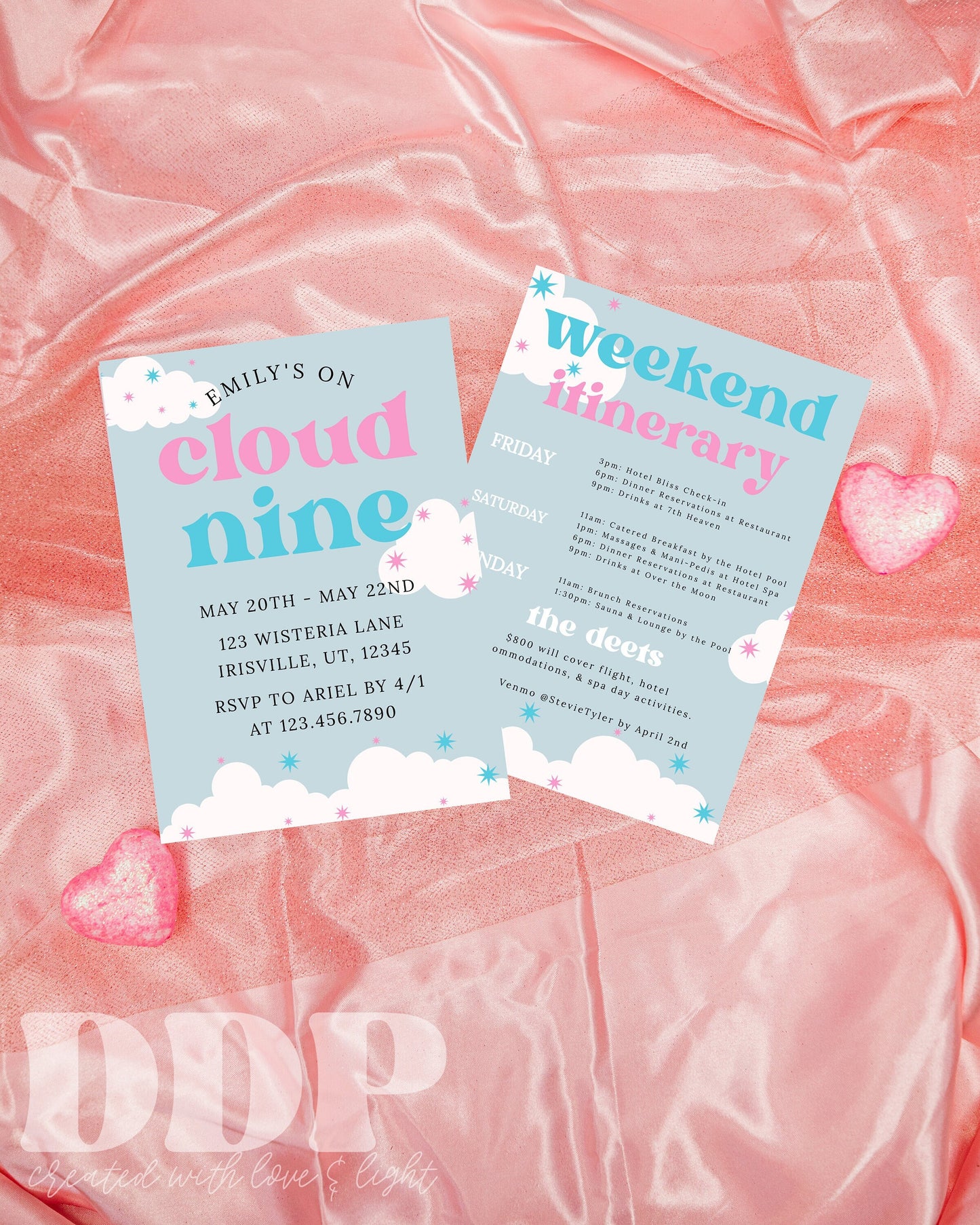 Cloud 9 Retro Bachelorette Weekend Invitation | Cloud Nine Bachelorette Party Invite | Bachelorette Girls Trip Printable Itinerary