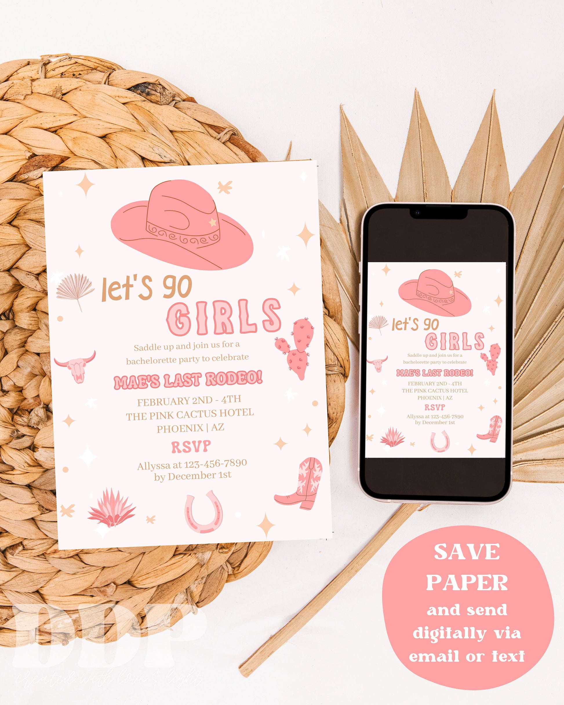 Let's Go Girls Bachelorette Weekend Invitation | Rodeo Desert Bachelorette Party Invite | Bachelorette Girls Trip Printable Itinerary Invite